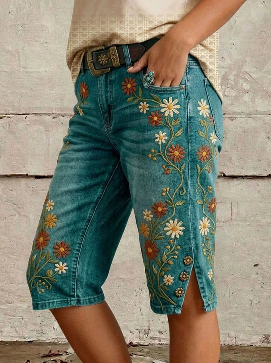 Retro Floral Print Vintage Casual Denim Short